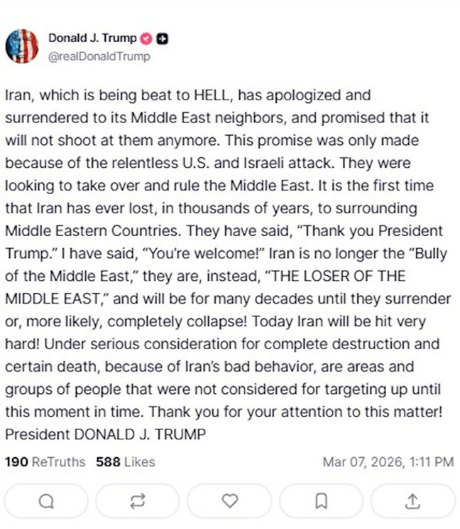 trump anartissi Truth Social Iran